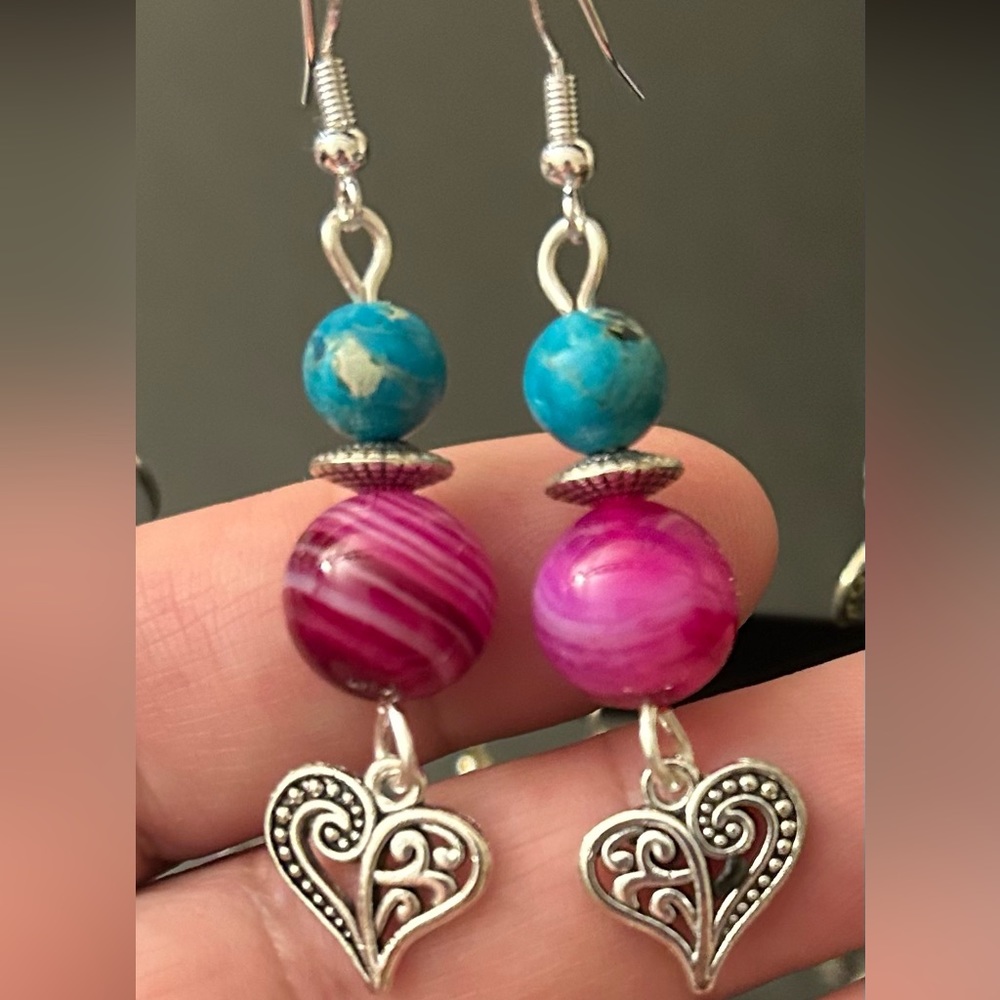 Handmade Artisan hanging beaded earrings pink, turq & silver with hearts.  OOAK!